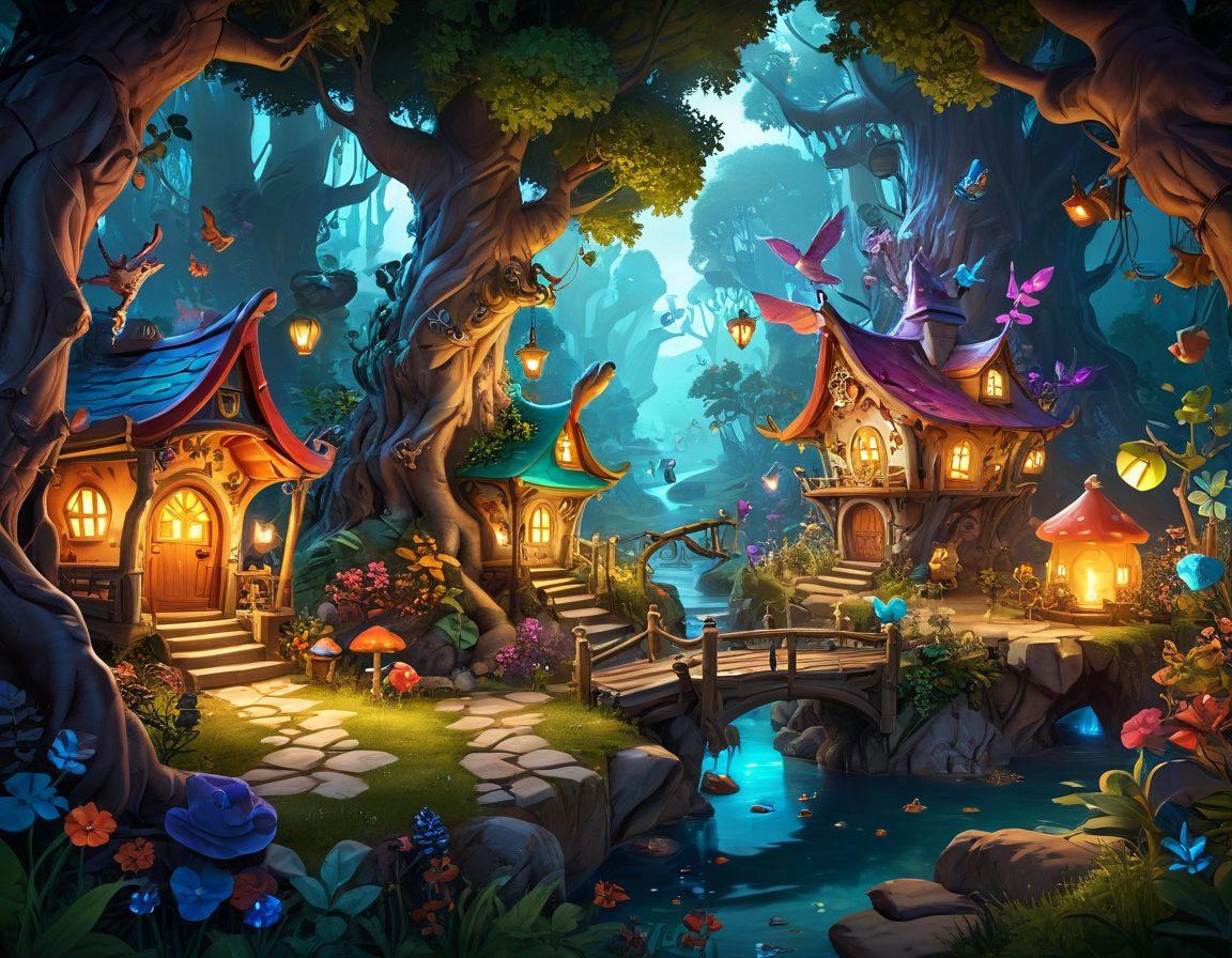A whimsical landscape showcasing a variety of enchanting game elements, such as colorful game characters, magical forests, and interactive play scenes. Incorporate elements like a glowing game interface, treasure chests, and charming creatures all around. The atmosphere should feel inviting and playful, enticing viewers to dive into the world of online gaming. Use vibrant colors and dynamic shapes to enhance the sense of adventure. super-realistic. vibrant colors. white background.