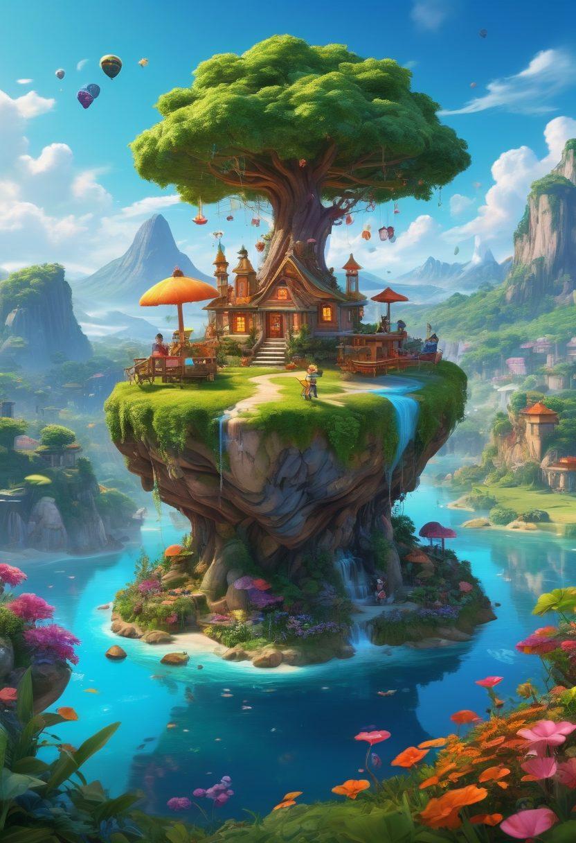 A whimsical scene depicting a variety of charming and lovely virtual game characters, each showcasing their unique personalities and playful poses. Include a colorful, enchanted landscape with floating islands, lush greenery, and sparkling elements that convey a sense of joy and wonder. Incorporate a diverse group of players, engaged and smiling, while interacting with their characters in a vibrant, imaginative world. The overall atmosphere should be inviting and magical, celebrating the essence of play in gaming. super-realistic. vibrant colors. 3D.