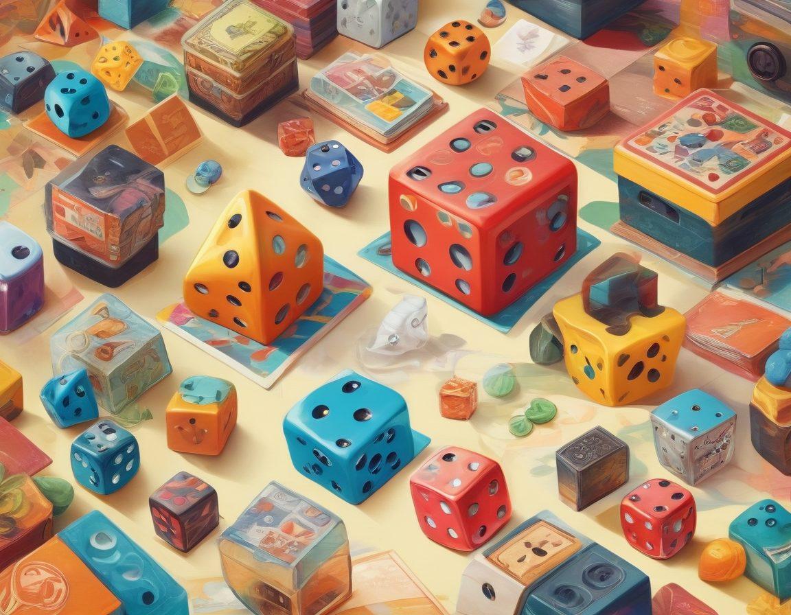 A vibrant and colorful collage of various interactive games, including board games, video games, and outdoor activities. Showcase diverse characters enjoying the games, laughing and having fun in a lively atmosphere. Incorporate elements like game controllers, dice, and playful creatures in the background to enhance excitement. Bright colors and dynamic compositions convey a sense of endless amusement. digital illustration. vibrant colors. playful style.